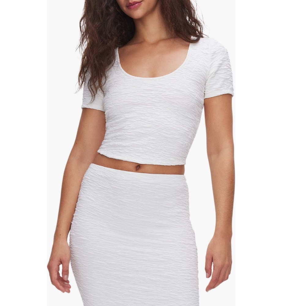 Good American Textured White Textured Crop Top and Skirt Set